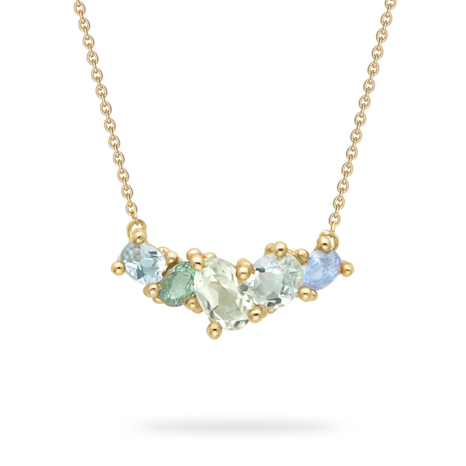 Ruth Tomlinson: Aquamarine and Amethyst Cluster Bar Necklace, tomfoolery