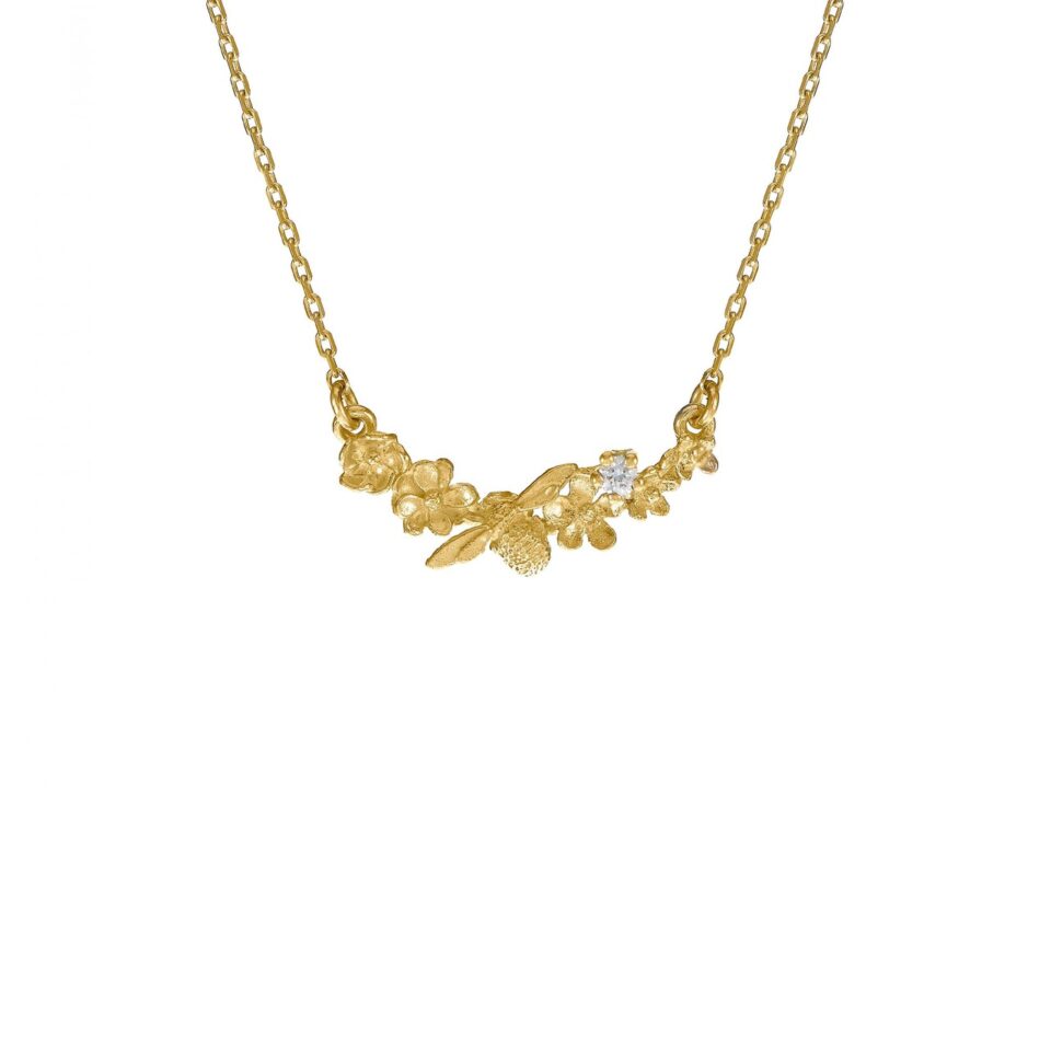 Alex Monroe: In-Line Floral Curve Necklace With a Diamond Tomfoolery London