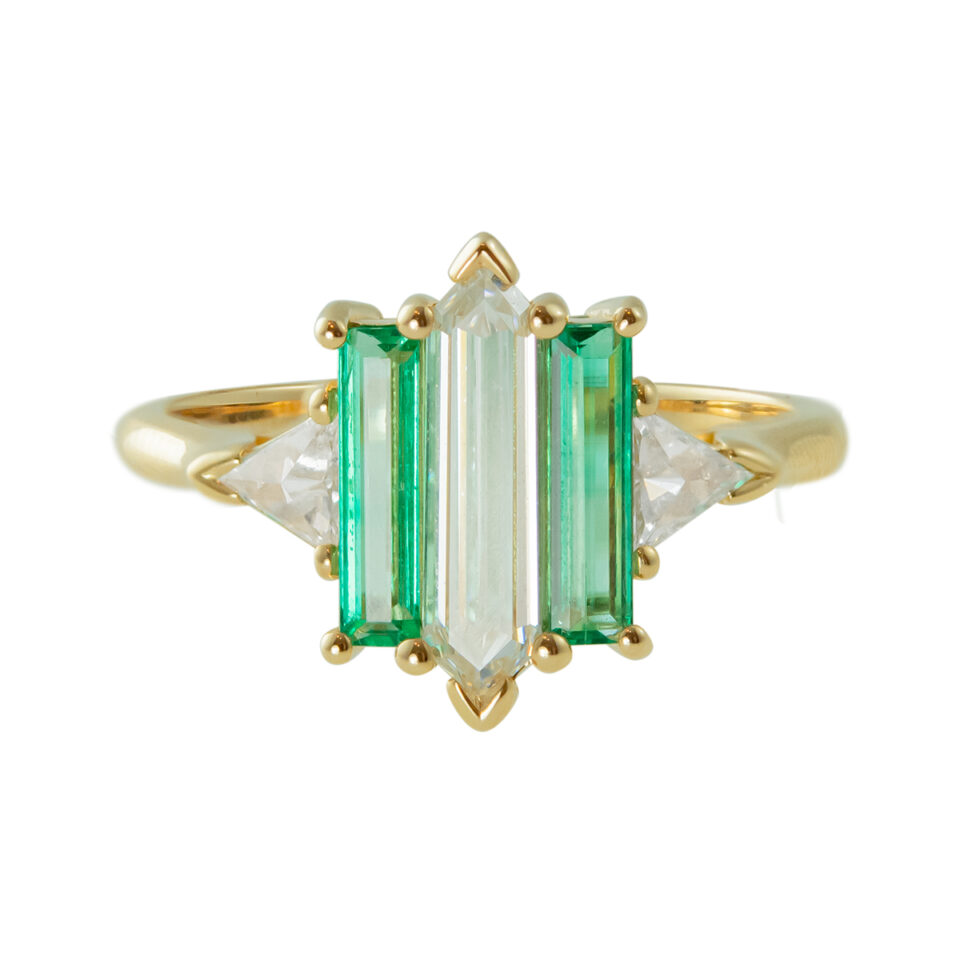 Anna Sheffield: Tf exclusive Five stone Diamond and Emerald Theda hex ring, tomfoolery