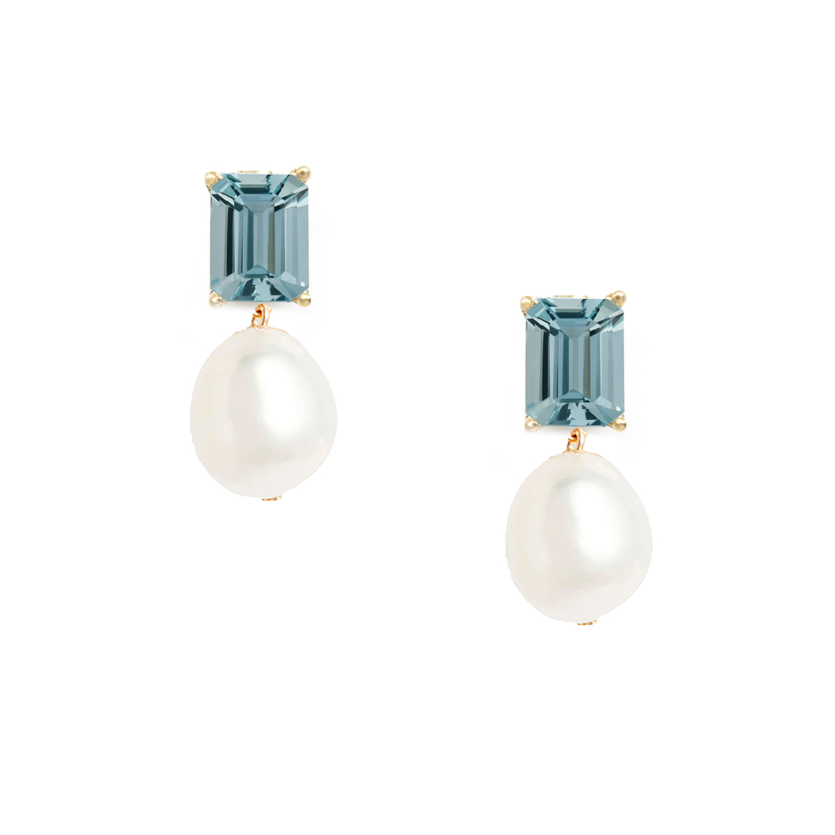 Blue Topaz and Pearl Drop Earrings in 14ct yellow gold - Tomfoolery London