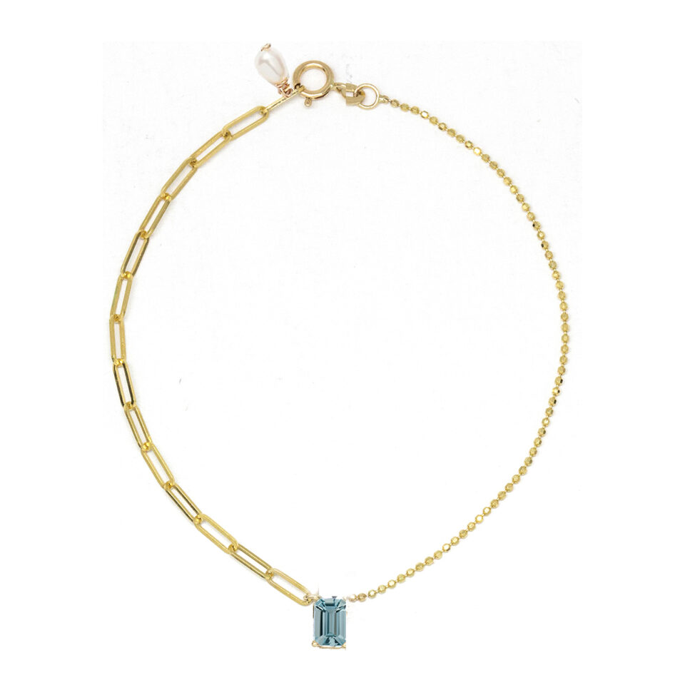 Poppy Finch: Contrast Link Bead Chain Necklace with Aquamarine in 14ct yellow gold, tomfoolery