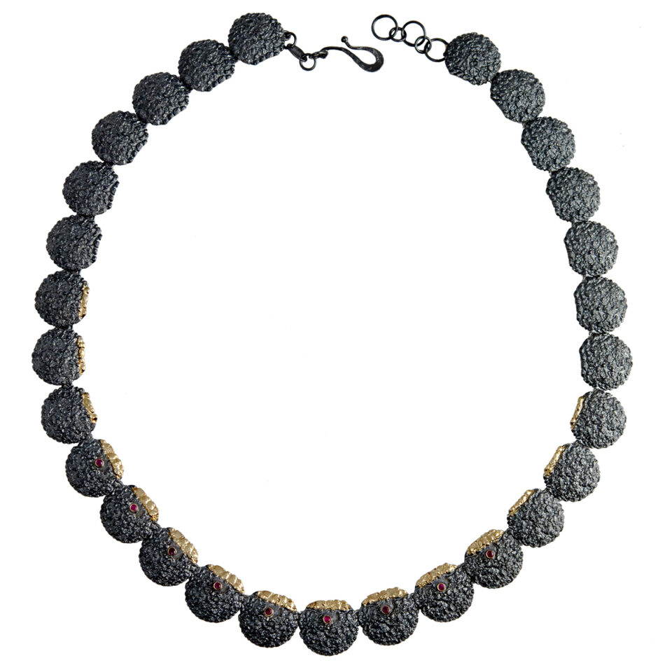 Apostolos: Oxidised Silver Textured Round Ruby Necklace, tomfoolery London