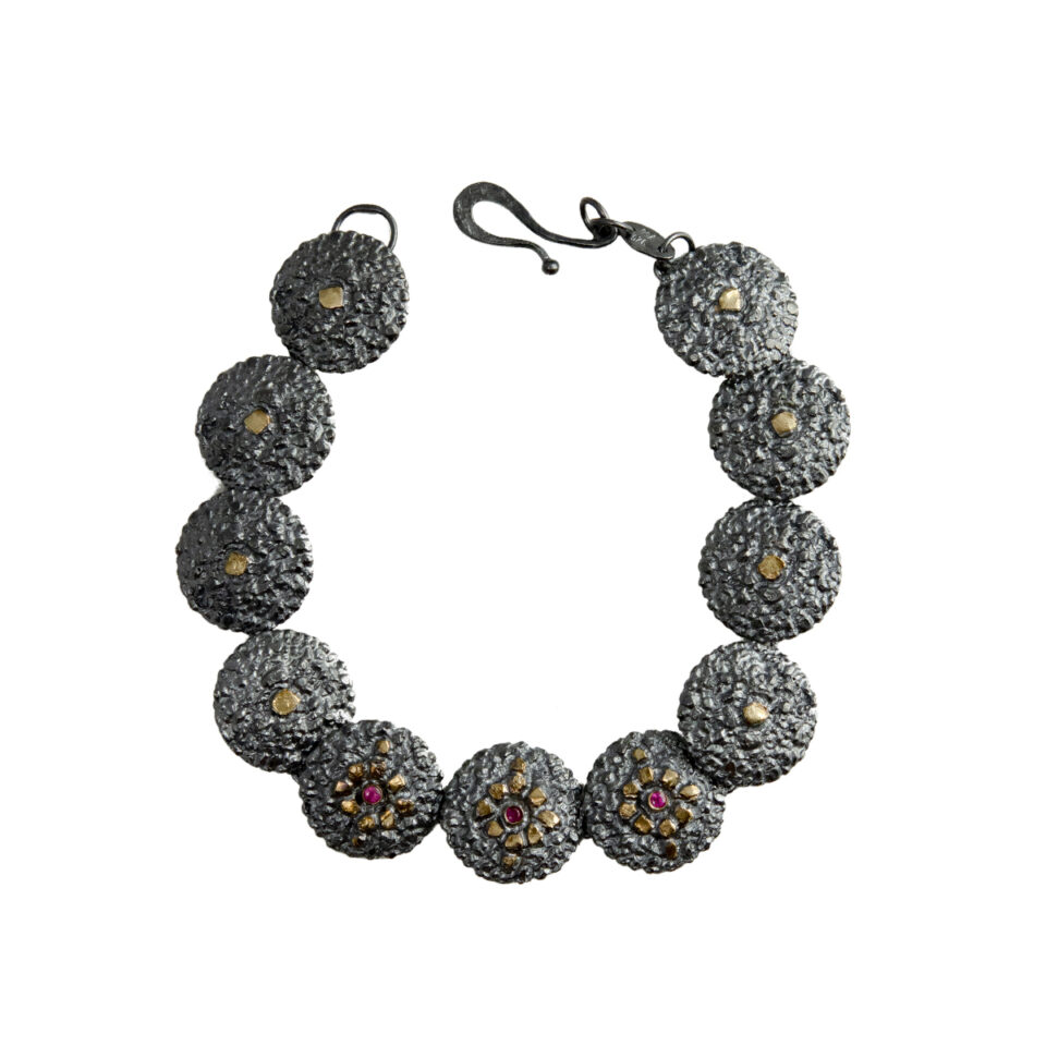 Apostolos: Oxidised Silver Textured Round Ruby Bracelet, tomfoolery London