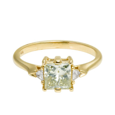 Anna Sheffield: Tf exclusive GIA certified Princess cut Fancy light green diamond Bea three stone ring, tomfoolery
