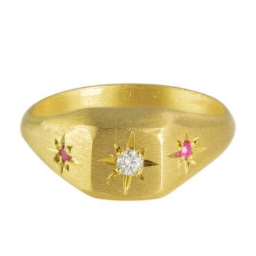 Maria Beltran: Gold Plated Square Seal Ring with Diamond and Rubies, tomfoolery london